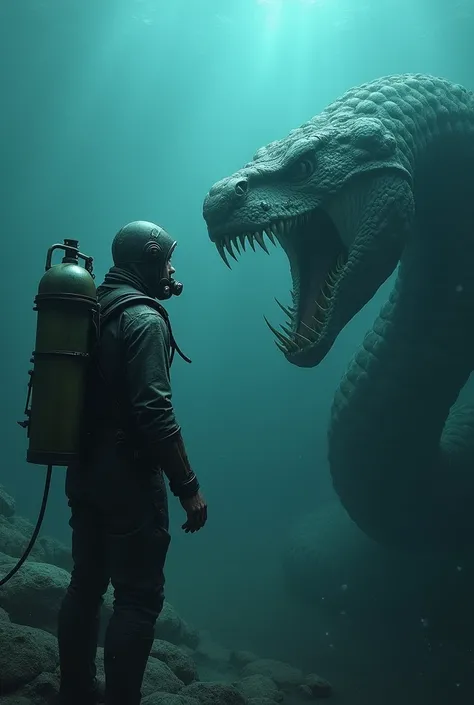 Creates a terrifying image of thalassophobia, where an ancient diver is staring at a snake-like leviathan