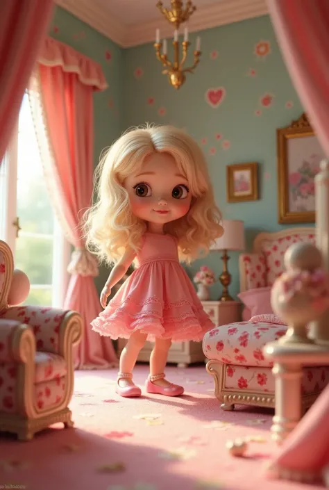 A girl in a red dollhouse room, Hazel eyes, Blonde hair, Wearing a pink dress. And pink heels and an ankle bracelet, 