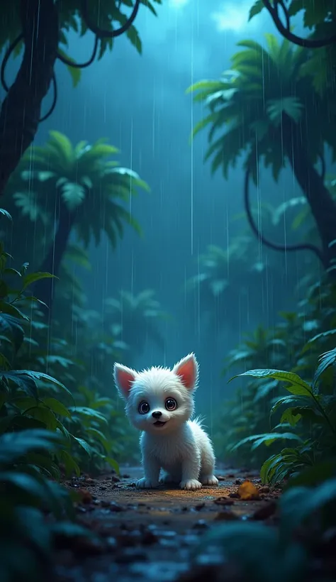 a little white bitch afraid from strom in jungle night cartoon 3d image 