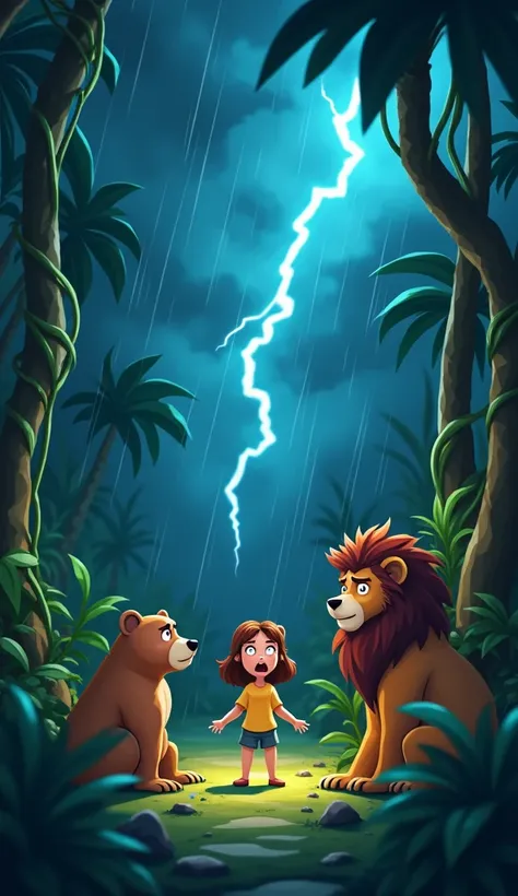 a little white bitch afraid from strom in jungle night cartoon 3d image bear and lion helping her at that time