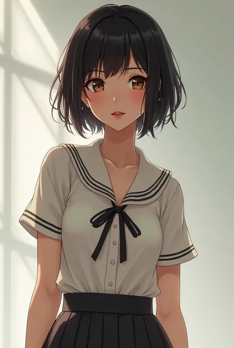 draw a japanese girl, tanned with school clothes and short hair, make her very sexy