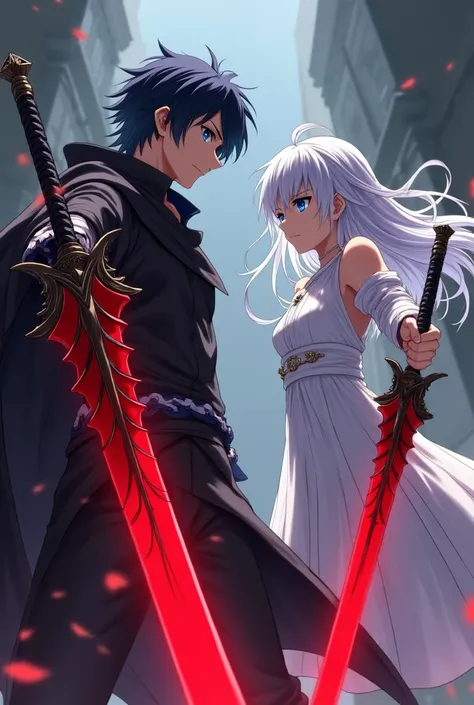 2 anime characters 1 male 1 female male wearing black cloak black hair blue eyes female with white hair wearing a white dress blue eyes both holding a red sword in their hands Red sword blade, black sword wave, jet black sword handle.