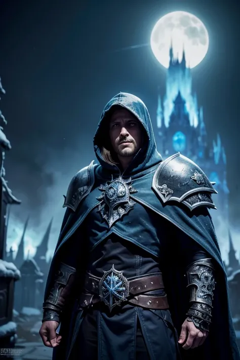 The Lich King in a hood with a ruined Lordaeron in the background
