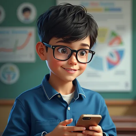 School students with spectacles, boy, blue shirt, holding mobile, reyelstic, perfect face, poster image, 