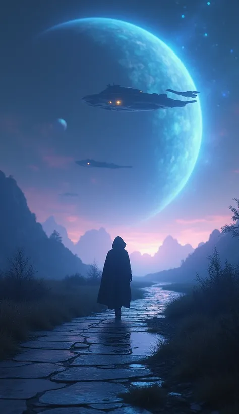 A cinematic shot of a small, dark figure with a hooded cloak walking down a stone path towards a fantasy galaxy horizon. The sky is filled with blue and violet planets and is dotted with stars. There are futuristic spaceships flying across the sky. The bac...