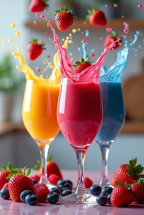 Strawbery, bluberry and rushberry falling splahing on high wine glasses contain smoothies rainbow yellows and reds juice in the kitchen blur background