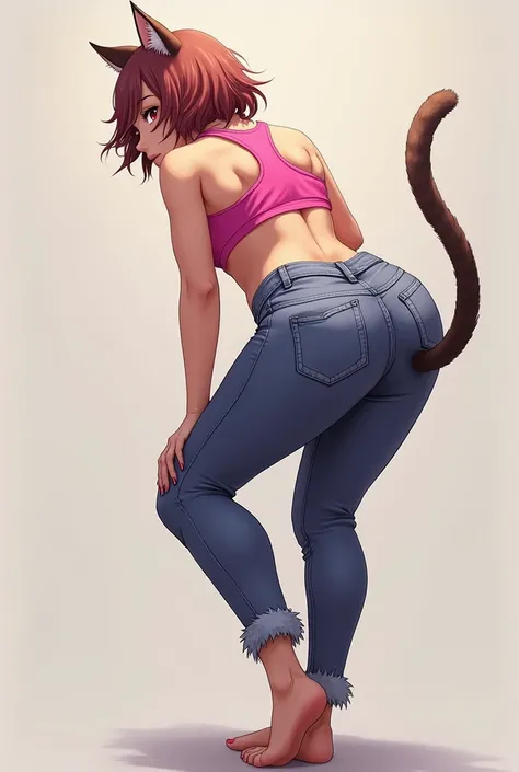 A cat girl in gym clothes shows her butt and bends over with her hands on her knees and table

She has a big butt

In tight full pink clothes and full jeans pants
