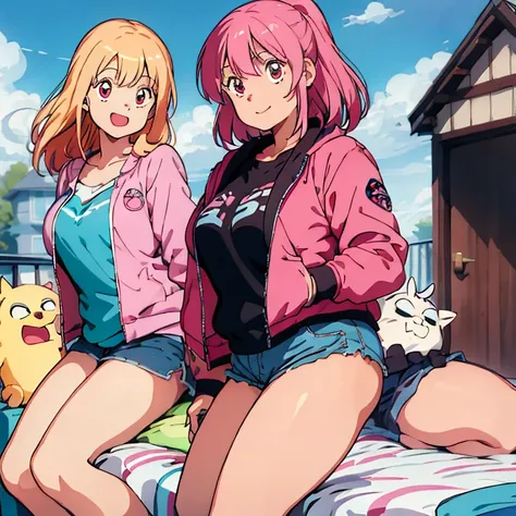 1 female, teenage girl, pink jacket, blue short, short short, blonde long hair, rosa cheeks, huge breast, thick legs, doll store, happy face, darkness, red eyes, blue sky, home, bedroom