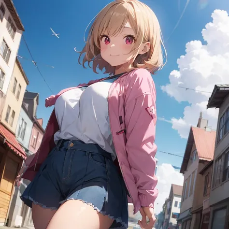 1 female, teenage girl, pink jacket, blue short, short short, blonde long hair, rosa cheeks, huge breast, thick legs, doll store, happy face, darkness, red eyes, blue sky, home, bedroom