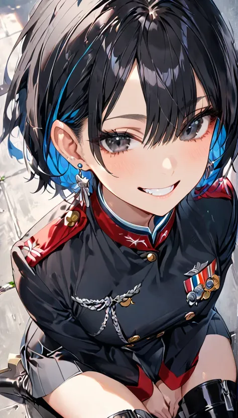 Woman sitting, Grin,Black Hair,Hair has a light blue inner color,My eyes are covered by my bangs,Short Hair,Silver earrings,Black Eyes,Lifted eye corners,uniform,Long boots,Very high angle,Looking down from above