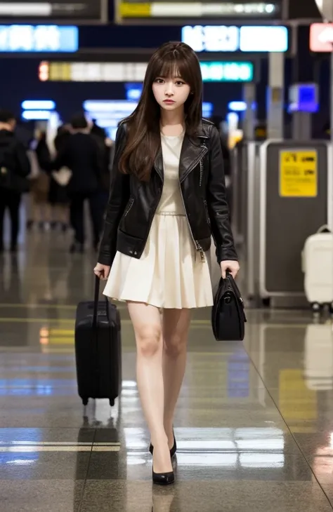 Night airport background、A woman leaving、Japanese、2、Medium-long hair、jacket、mini skirt、Low heels、A lonely look、Walking through the airport lobby、