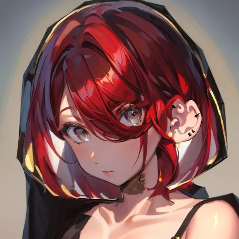 (Best quality, masterpiece, High quality, Delicate depictions, Elaborate painting). Shiny hair. Red hair. brown eyes. Unmaintained bob cut hairstyle, Tuck one side of your hair behind your ear, Lots of ear piercings, A confident look