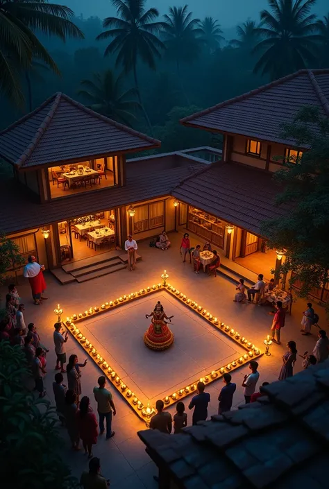 Kerala style typical house having square open area in middle of house where guy doing Kathakali act with makeup and around the square with people looking and having dinning in distance in night light of diyas (show image in top view)