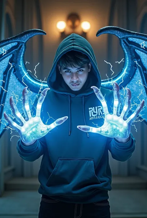 Show a handsome boy, wearing a hoodie with blue iron wings ready to attack with sharp iron claws that emit electricity in his hands, the electric effect on the claws forms a name "RUKK-ANTISTTUS", aesthetic luxury photo design, dark room background