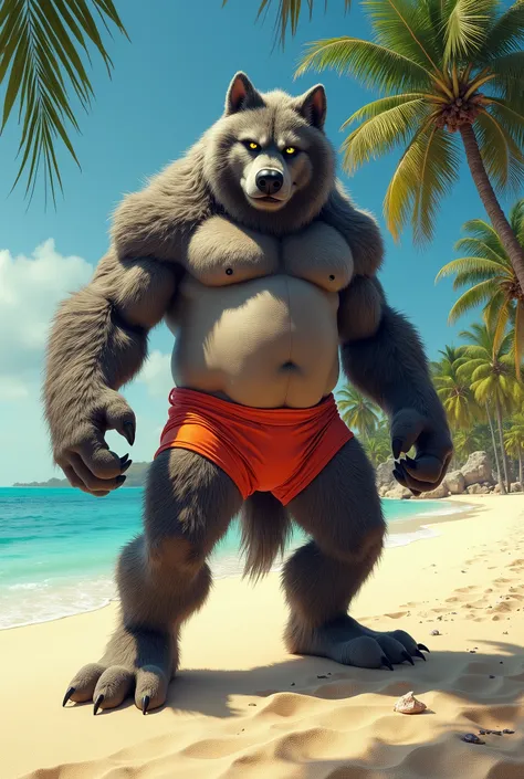 Furry man, wolf, fat,  big bulge, erection, speedo, on the beach