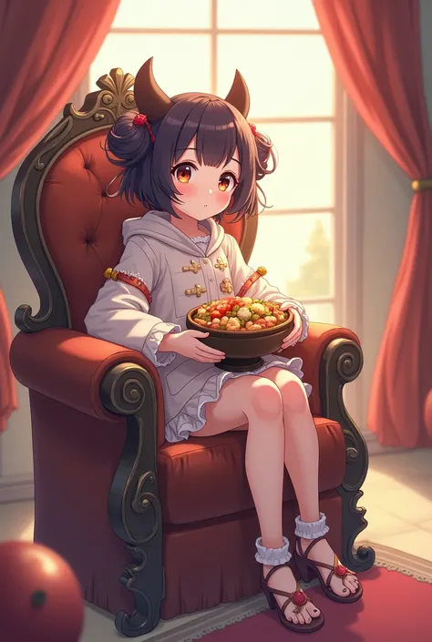 anime girl sitting in chair with a bowl of food in her hand, alchemist girl, light novel cover art, official art, epic light novel art cover, official artwork, epic light novel cover art, , isekai, small curvy , cushart krenz, cushart, cushart krenz key ar...