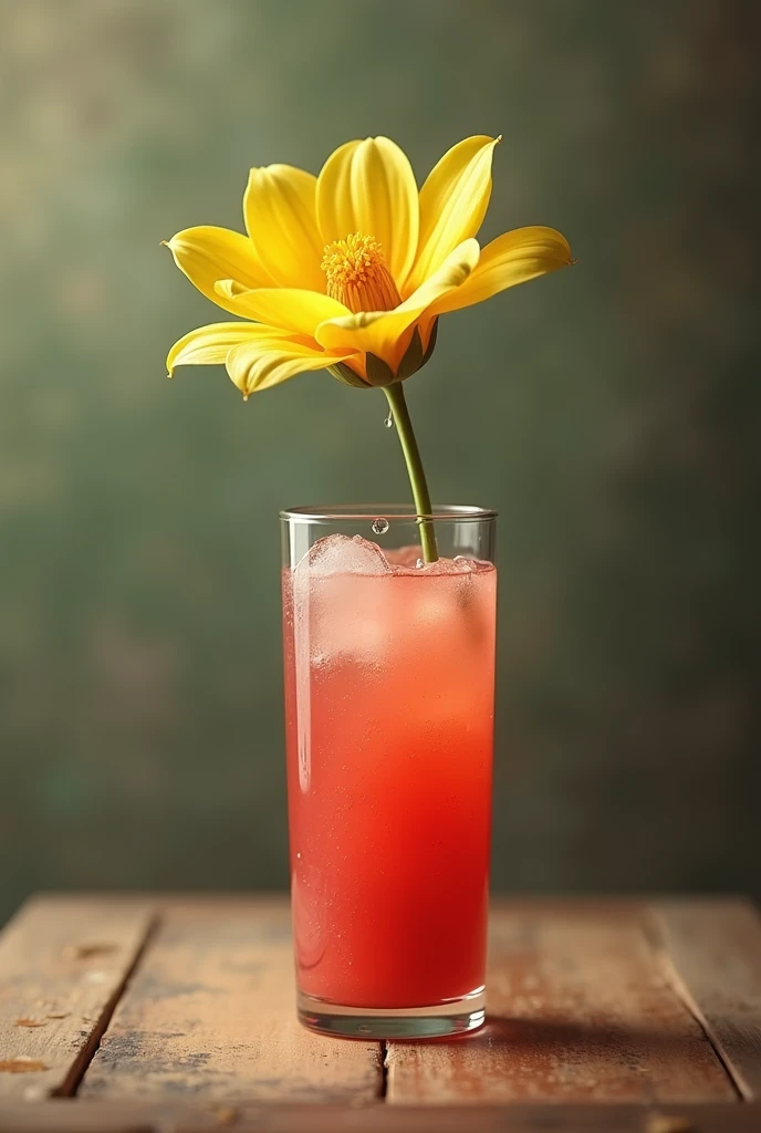 Vintage image of a yellow flower from which a drop falls into a tall glass with watermelon mojito 