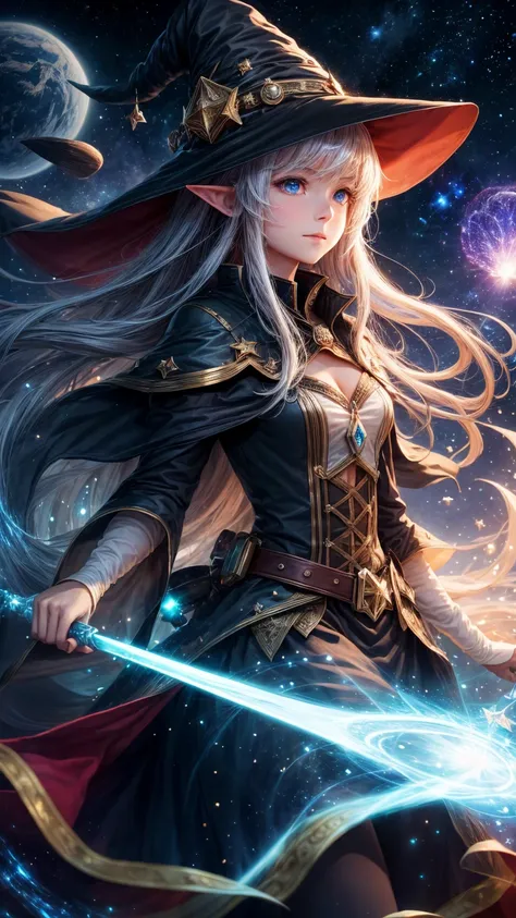 Best quality, a high resolution, 1 girl, elf, witch hat, floating in space, energy sector, light particles, Shiny hair, Shining stars, Fantasy,