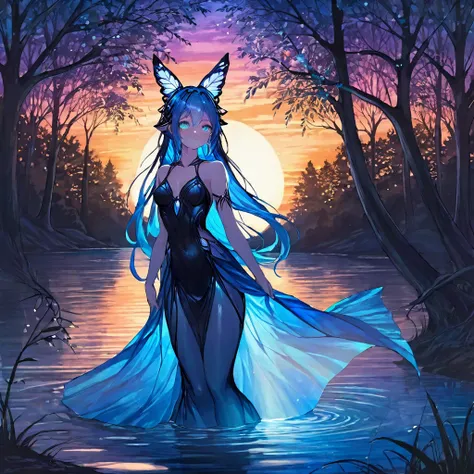 Blue light sunset, beautiful nymph coming out of the trees, magical lake, nightfall, dark art, nightfall 