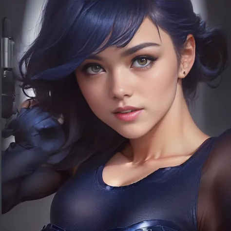 (((((The most important thing is to animate the upper body.)))),A career woman wearing a navy blue suit、2、One person、She is wearing a tight navy blue skirt underneath her skin-tight suit.