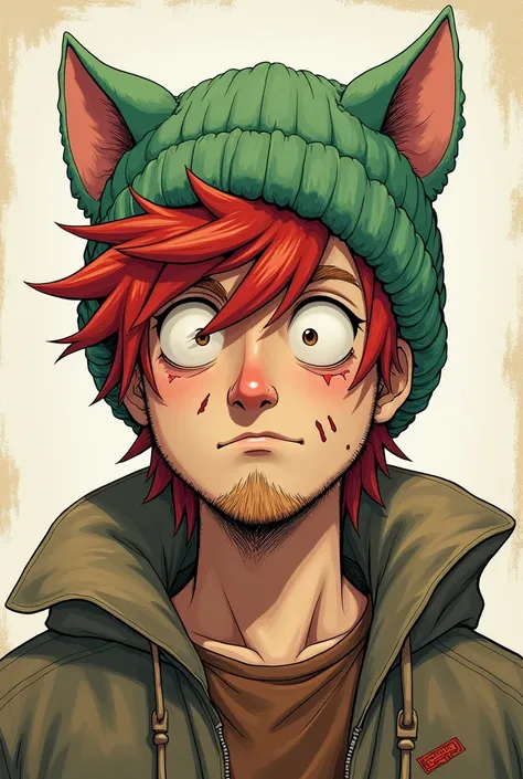 Ranfren oc, adult man with ear cat beanie green, short red hair, baggy eyes and some cuts in face, asian, doodle 
