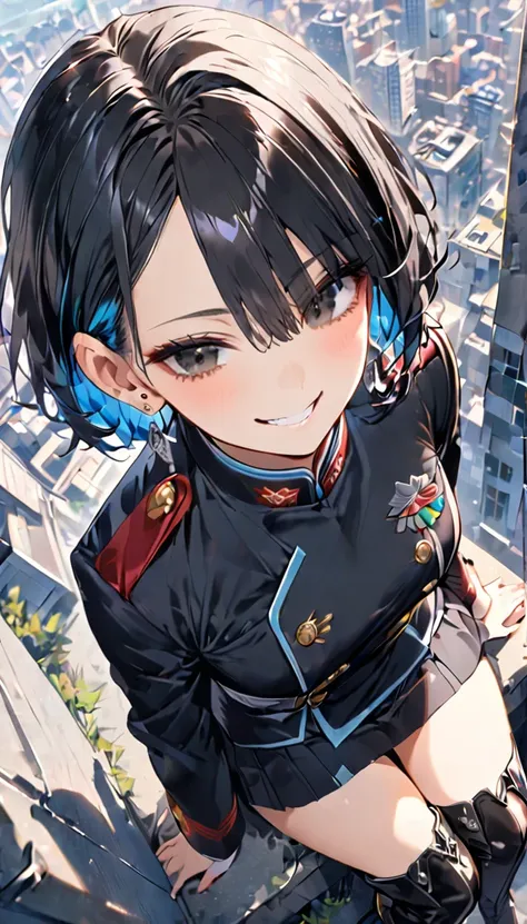 Woman sitting, Grin,Black Hair,Hair has a light blue inner color,Short Hair,Silver earrings,Black Eyes,Lifted eye corners,uniform,Long boots,Very high angle,Looking down from above,whole