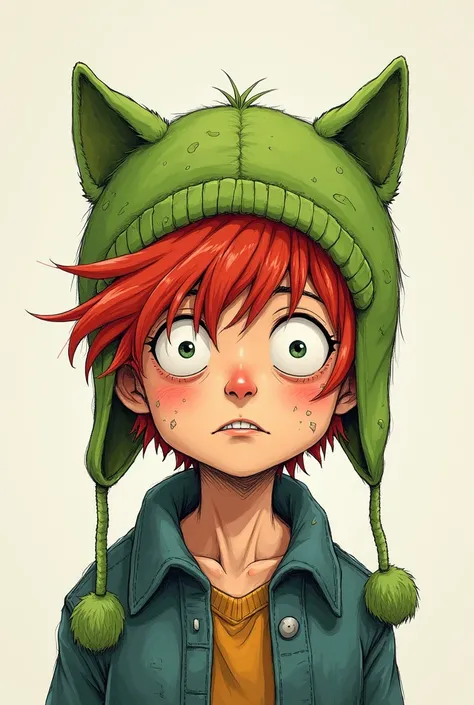 Ranfren oc, adult man with ear cat beanie green, short red hair, baggy eyes and some cuts in face, asian, without face hair, doodle, more masculine 