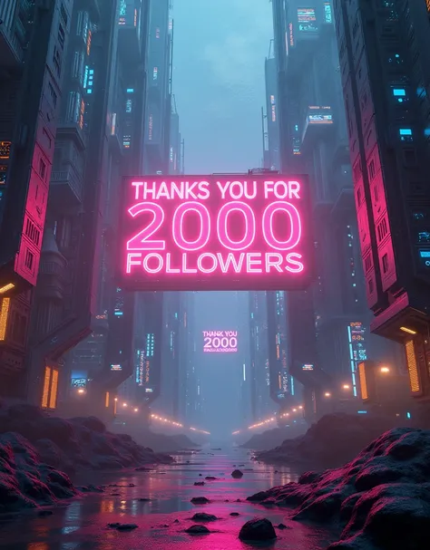 a futuristic space scene, hyper-realistic, 1 large space text saying "thanks you for 2000 followers", dramatic lighting, volumetric fog, glowing neon cyberpunk elements, intricate details, cinematic composition, moody sci-fi atmosphere, vibrant colors, neo...