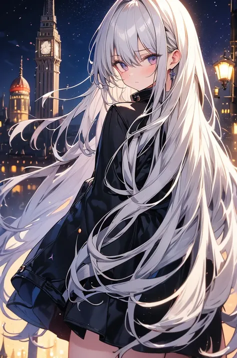 (Best Quality, masterpiece), One girl(Silver Hair, Long flowing hair), Looking down, wind, particle, On top of the tower, night, The surroundings are dark, The lights of the town in the distance, serious, Serious expression, 