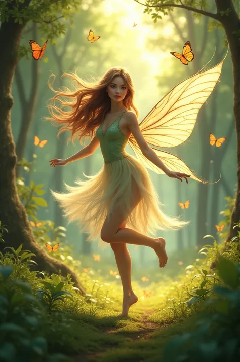 A beautiful fairy set in wild green forest play with butterfly sunlight shining or her long brown hair