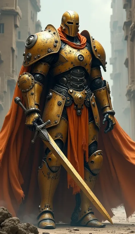 A warforged paladin wearing a dark orange cloak with sword and shield