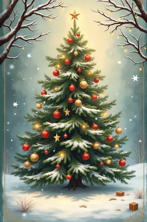 "A traditional Christmas greeting card with a soft snow-covered background, featuring a Christmas tree, colorful lights, and classic ornaments that evoke a warm and loving atmosphere."