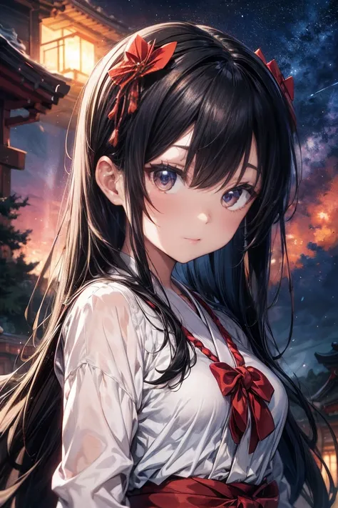 Best Quality　Masterpiece　Small breasts　Long straight black hair　The Most Beautiful Shrine Maiden Shrine　nebula