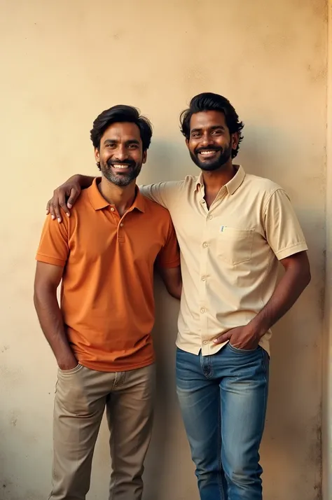 2 handsome Indian guy is smiling a little and standing in front of the wall 