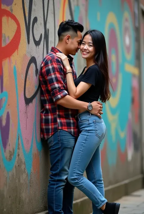 A 30 year old man with a pure Indonesian face and clean skin, undercut hair wearing a plaid shirt, wearing jeans and wearing black shoes, left arm wears a watch, hugging a very beautiful woman with an Asian face and long hair, wearing a black t-shirt, blue...