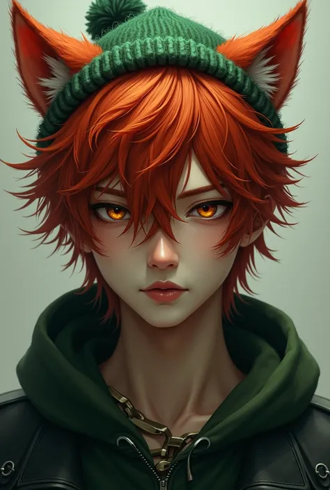 Ranfren oc man, ear cat green beanie, red short hair, masculine, baggy eyes, boy, asian 