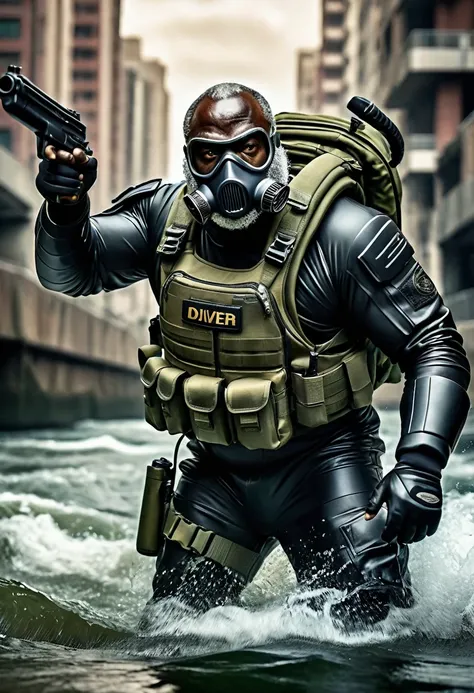 (a dark-skinned bearded fat muscular old man in a bulky army camouflage zipper diver suit) carrying a gun, (wearing a small-sized realistic roaring white mask), dynamic action pose, fierce expression, showcasing an imposing stature, surrounded by military ...