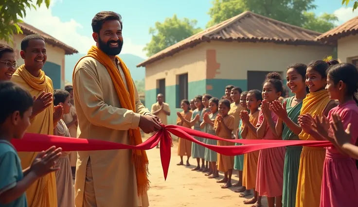 Raju opening a school in his village**
   - Raju is cutting a ribbon in front of a newly opened school in his village. Children, including those in simple clothes, gather around him with smiles on their faces. The villagers stand nearby, clapping and celeb...