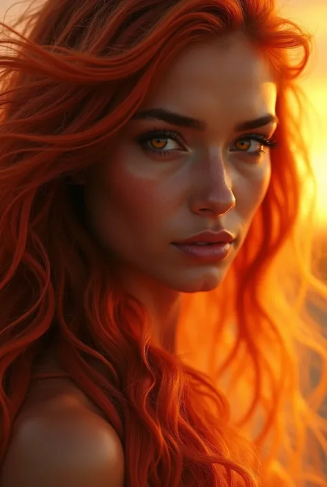 Create a beautiful Indian woman, fire-colored hair and eyes the color of flames, looking at a beautiful sunset