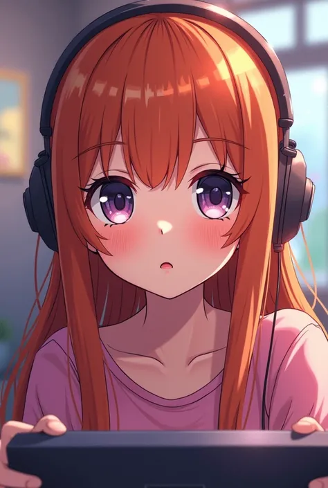 chica gamer, with big, expressive eyes, long straight copper hair color, thin white, Looking ahead, playing anime