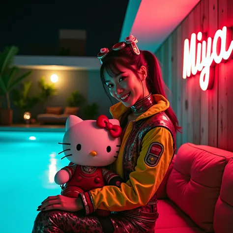 a beautiful Korean woman wearing a futuristic outfit consisting of LED lighted accessories and a red, yellow and green jacket in a metallic punk style with several attributes. Beside the woman there is a neon wooden sign that says Miya. The woman is smilin...