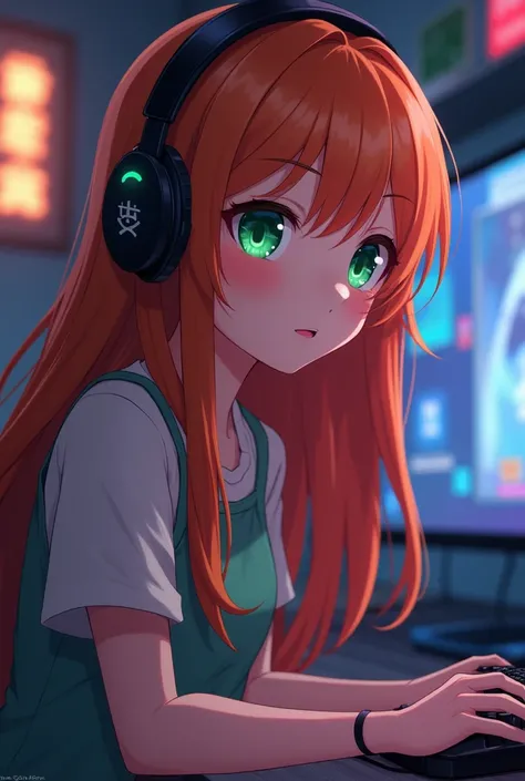 chica gamer, with big, expressive green eyes, long straight copper hair color, thin white, Looking ahead, playing anime