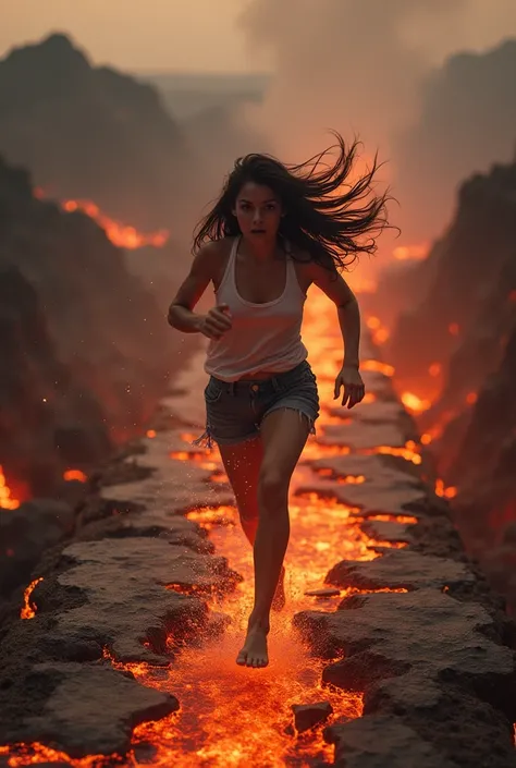 Young attractive woman barefoot terrified runs though collapsing bridge with holes above lava lake
