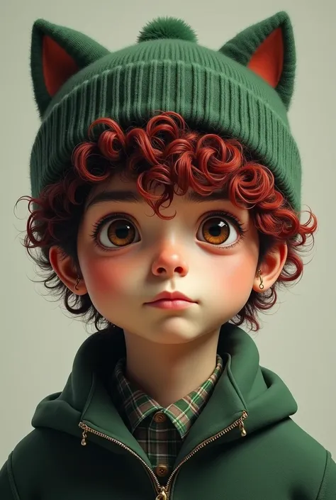 A brunette man with curly red hair and big cat ear green beanie, baggy eyes and brown asian eyes 