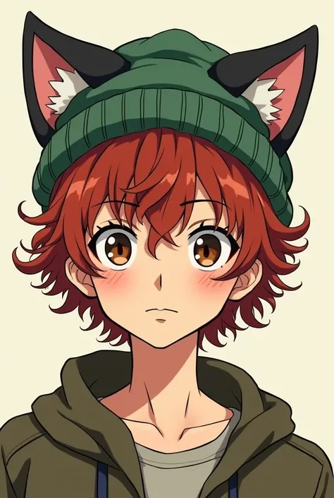 A brunette man with curly red hair and big cat ear green beanie, baggy eyes and brown asian eyes, manga style