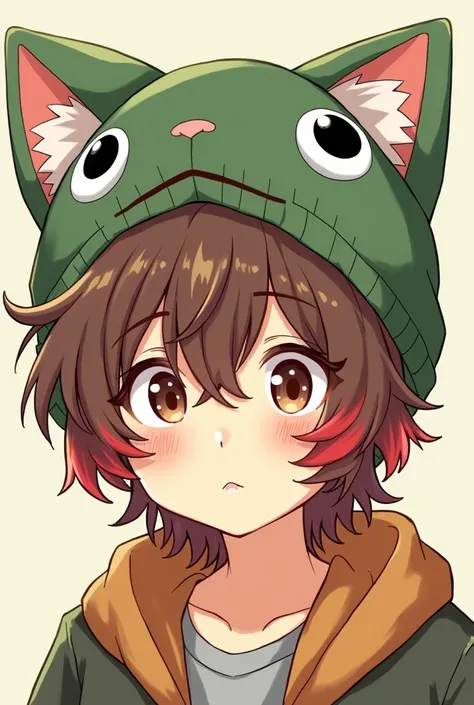 A brunette man with curly red hair and big cat ear green beanie, baggy sleepy eyes and brown asian eyes, manga style