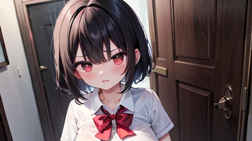  rain, maSterpiece, beSt quality, highres, Plan,One girl, Standing, , , S, ,red bluSh, , ,, beSt quality, maSterpiece, , Short_hair, black_hair, red_eyes, black_hair,School uniform, cute, anger, white Shirt, grey Short Skirt, Standing at the door waving, a...