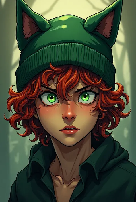 A brunette man full masculine with curly red hair and big cat ear green beanie, baggy sleepy eyes and brown asian eyes, manga horror style