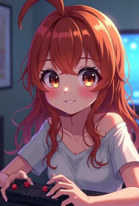 chica gamer, with large, expressive dark hazel eyes, long semi wavy copper hair color, thin white, Looking ahead, playing anime, smiling