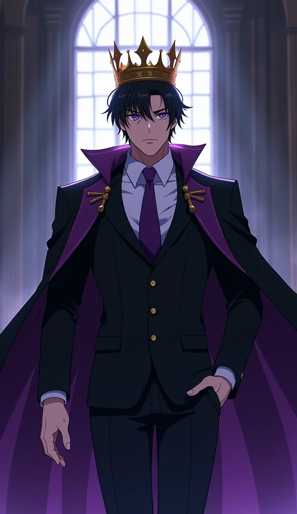 
Adult male alone without company Short black hair not long White skin Eyes with intense purple irises Serious Wearing a black suit with purple details, With a white shirt and a purple tie With a cape With a golden crown on his head like a king Muscular In...